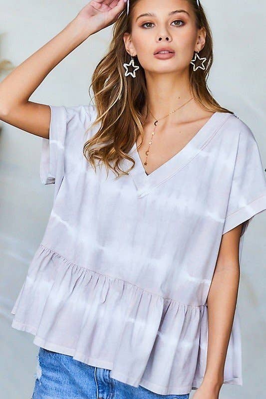 GREY V Neck Drop Shoulder Baby Doll Tie-Dye Top for wholesale on Faire6
