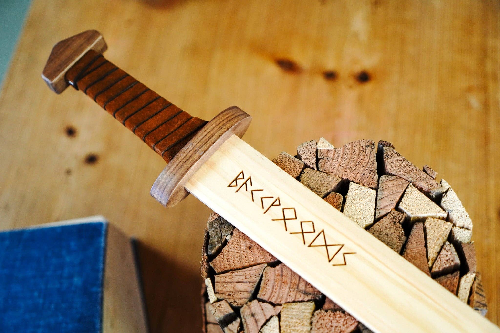 Backwoods Provisions - Wholesale Classic Toy - Kids - Large Wood Replica Viking Sword ith Norse Motif, Wooden Sheath with Leather Wrapped Handle7