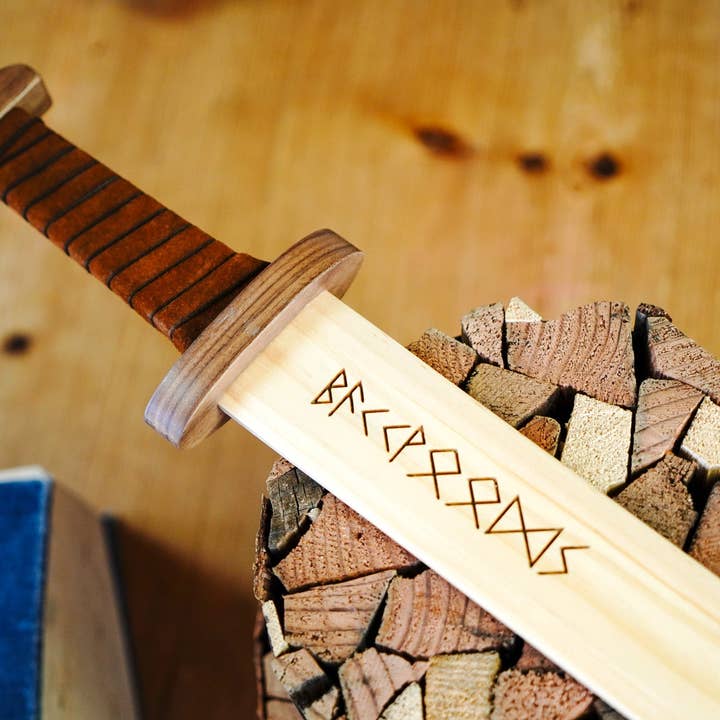 Backwoods Provisions - Wholesale Classic Toy - Kids - Large Wood Replica Viking Sword ith Norse Motif, Wooden Sheath with Leather Wrapped Handle7