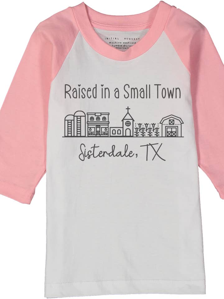 Raised in a Small Town Pink or Gray Raglan Tee for Boys and Girls for wholesale by Initial Request