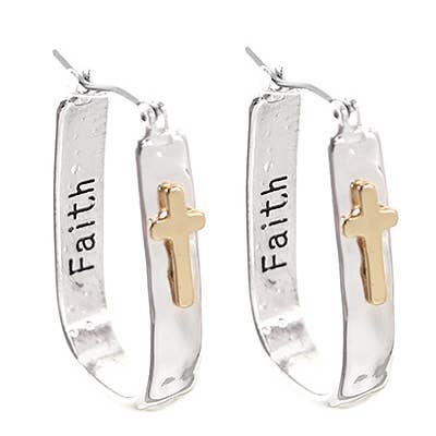 0011 PREMIERE - Wholesale Hoop Earrings - FR2437 FAITH_Two Tone Overhanging Cross Metal Hoop Earrings