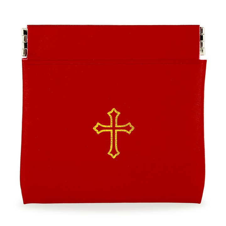 Red Vinyl Rosary Pouch Squeeze Top Gold Cross Imprint for wholesale by RM Trading