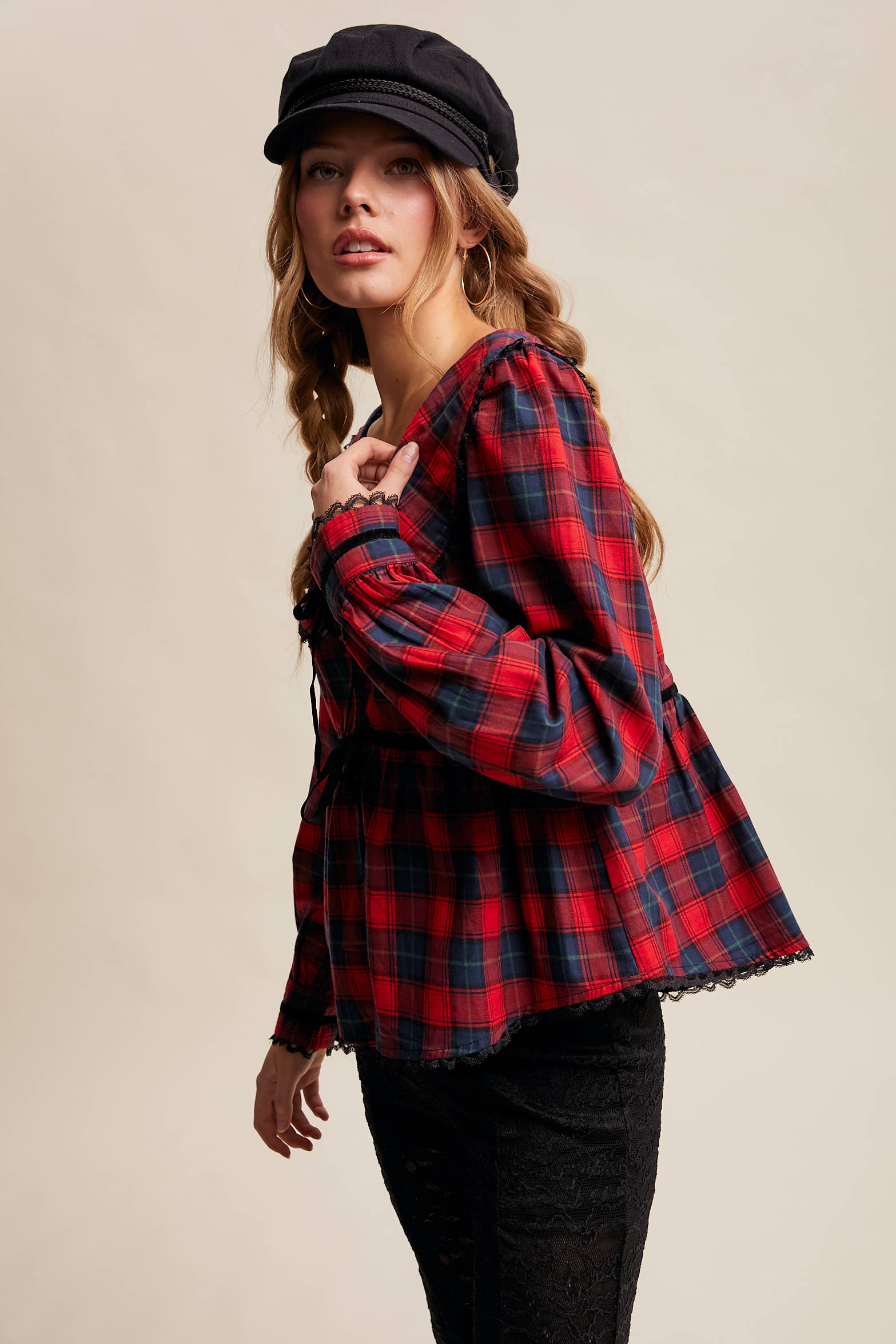 Listicle - Wholesale Blouse - Women's - Plaid Velvet Trim Holiday Blouse LT14464