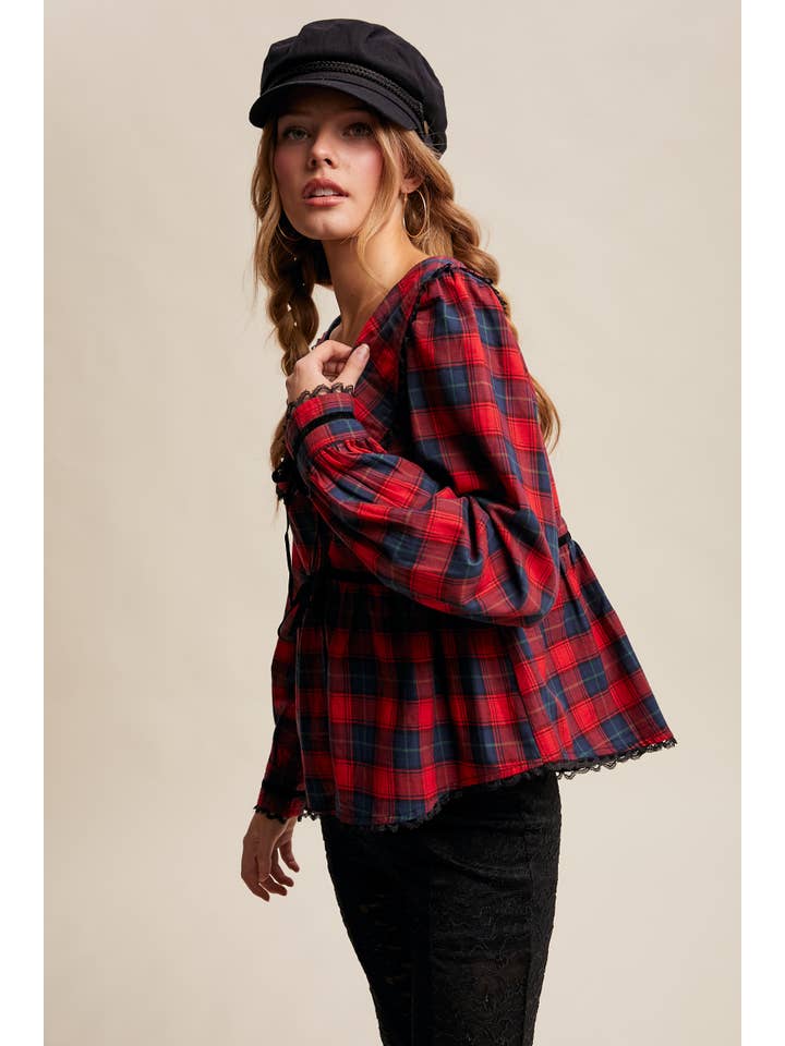 Listicle - Wholesale Blouse - Women's - Plaid Velvet Trim Holiday Blouse LT14464