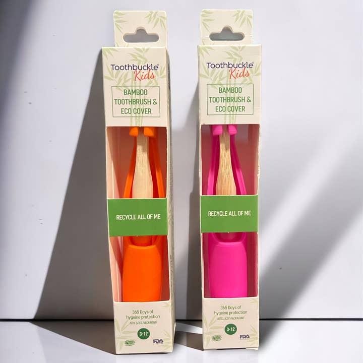 Toothbuckle – wholesale Oral care set – Kids Pink Funshine & Orange Citrus Burst | Bamboo Toothbrush & Cover Set Bundles