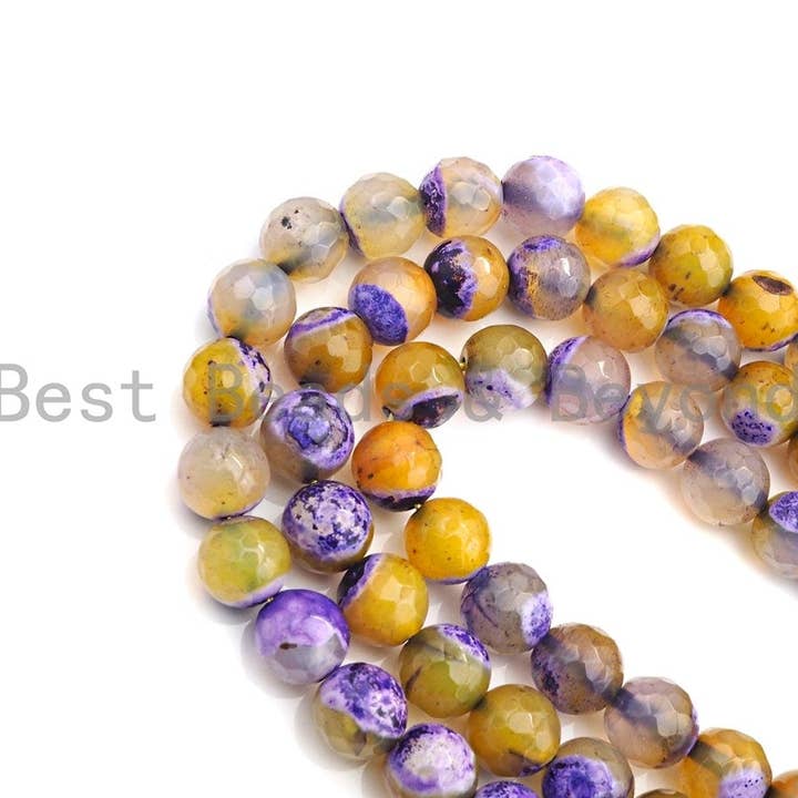 BestBeads&Beyond – Missangas por atacado – Contas de ágata de fogo amarelo roxo natural, contas de ágata de fogo facetadas redondas de 6 mm/8 mm/10 mm, fio completo de 15,5 “, Sku #UA703