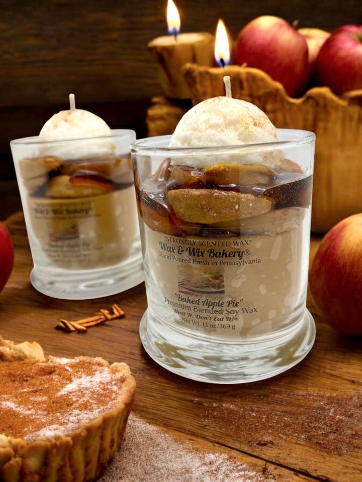 Baked Apple Pie Candle. 13 oz. Large Soy Dessert Candle for wholesale by Wax and Wix Bakery®