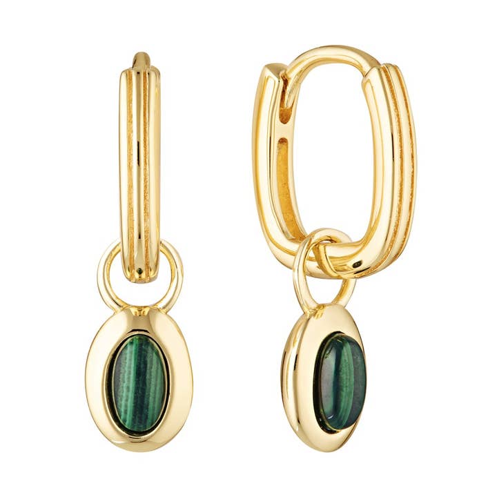 Ohana Malachite Drop Huggie Hoop Earrings for wholesale by BOWERBIRD JEWELS