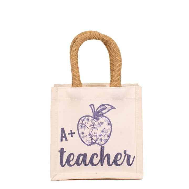 The Royal Standard - Wholesale Tote Bag - Women's - A+ Teacher Petite Gift Tote White/Blue 7x7x5