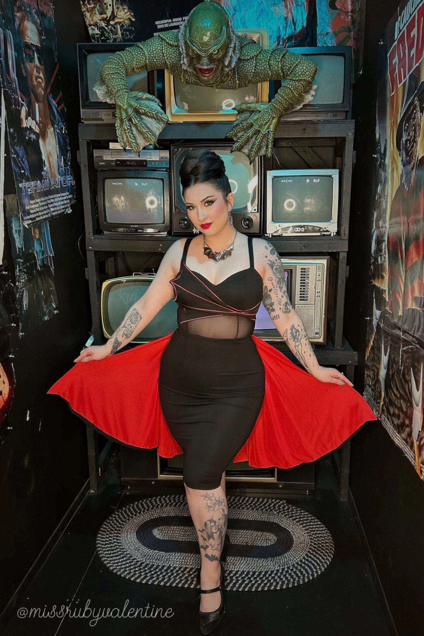 Weasel Wear - Wholesale Dress - Women's - Drac Bat Wing Cape Wiggle Dress - Black Ponte Wiggle Dress with Red Bat-Wing Cape & Mesh Cutout (Vampire Royalty Edition)3