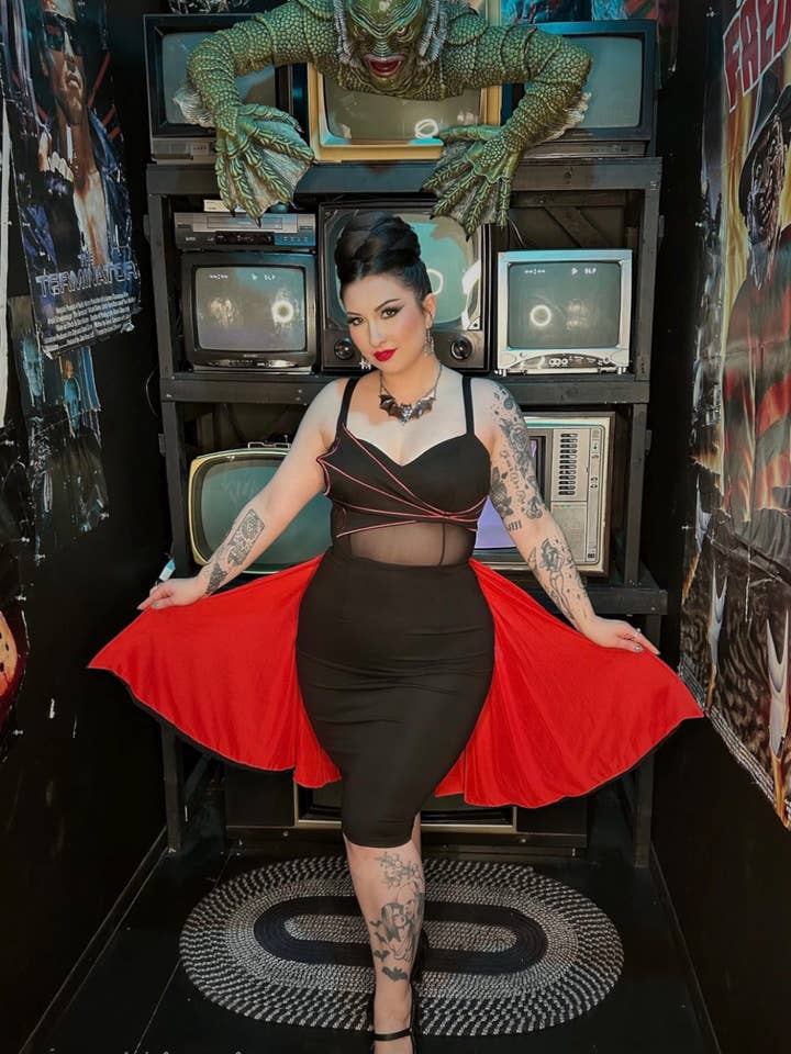 Weasel Wear - Wholesale Dress - Women's - Drac Bat Wing Cape Wiggle Dress - Black Ponte Wiggle Dress with Red Bat-Wing Cape & Mesh Cutout (Vampire Royalty Edition)3