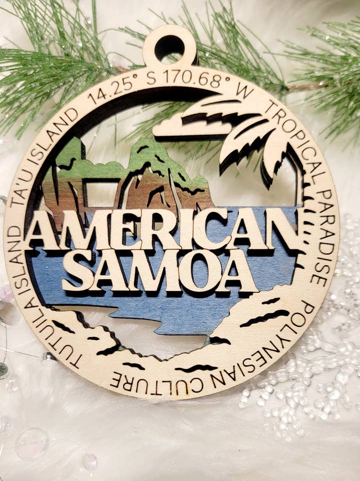 American Samoa Travel and Camping Christmas Ornament for wholesale by A Little Bit of Summer LLC