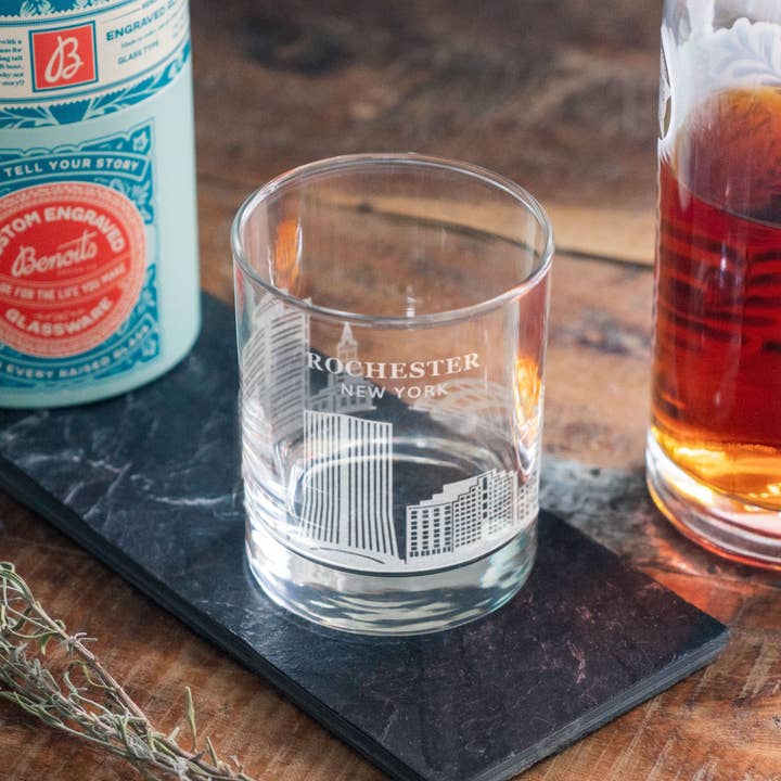 Benoit's Design Co. - Wholesale Cocktail/Liquor Glass - Rochester, New York City Skyline Engraved Glasses