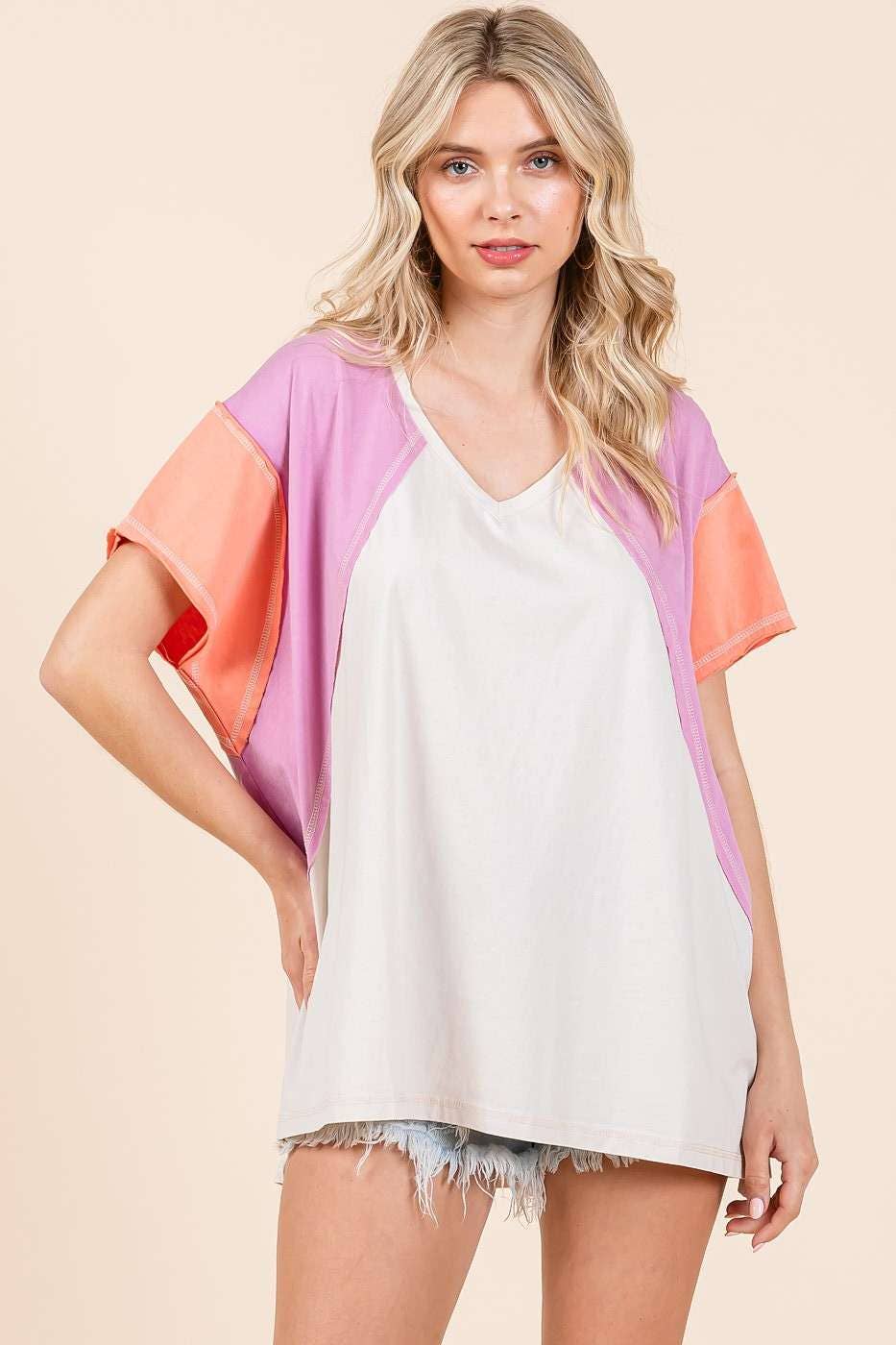 mittoshop – Túnica - Mulher por atacado – TOP DE MALHA DE MANGA CURTA EM BLOCO COLORIDO DE GRANDES DIMENSÕES13