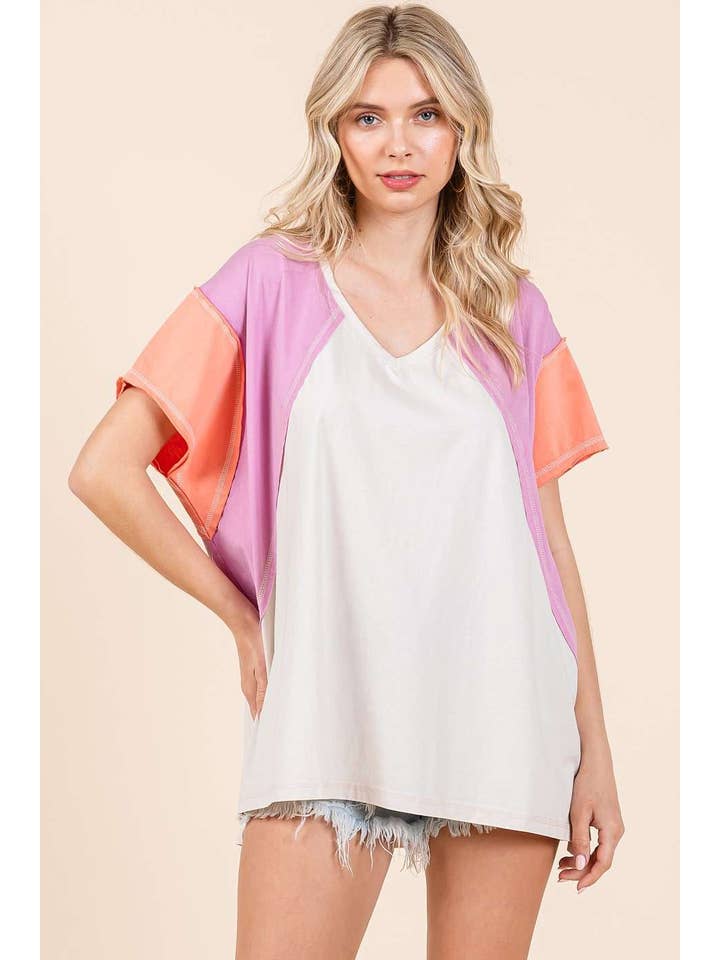 mittoshop – Túnica - Mulher por atacado – TOP DE MALHA DE MANGA CURTA EM BLOCO COLORIDO DE GRANDES DIMENSÕES13