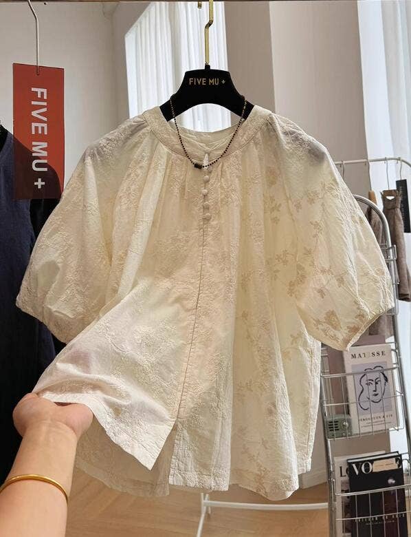 Whisper Mint - Vente Chemise à col boutonné – femme - Chemise à manches courtes à broderies épaisses de style chinois élégant 0