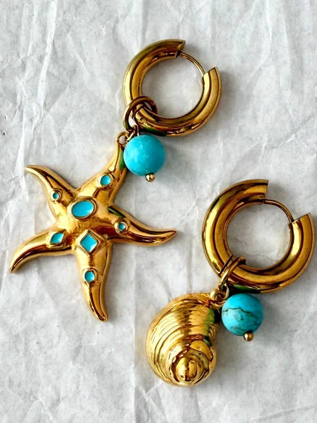 Gold Dangle Starfish Shell Earrings with Turquoise Bead for wholesale by Goupi