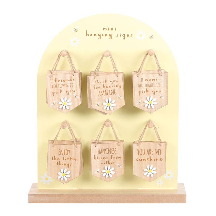 Set of 24 Mini Hanging Daisy Signs on Display for wholesale by Something Different Wholesale