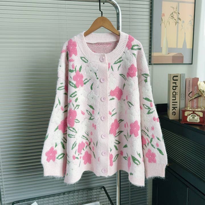Cardigã Vintage Floral em Rosa CA180 por atacado de PEACH ACCESSORIES