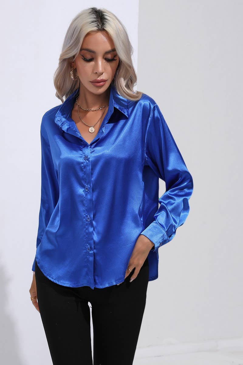 NINEXIS - Wholesale Button Down Shirt - Women's - CWTBLL0690_Button Down Silky Satin Long Sleeve Top0