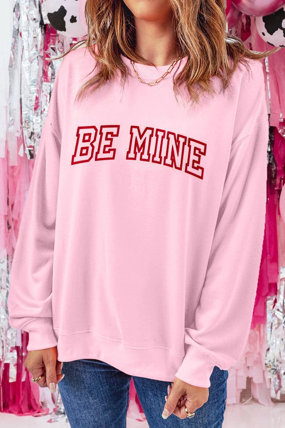 Pink BE MINE Puff Graphic Pullover Sweatshirt for wholesale on Faire