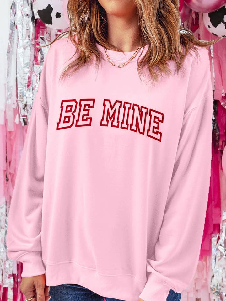 Pink BE MINE Puff Graphic Pullover Sweatshirt for wholesale on Faire0