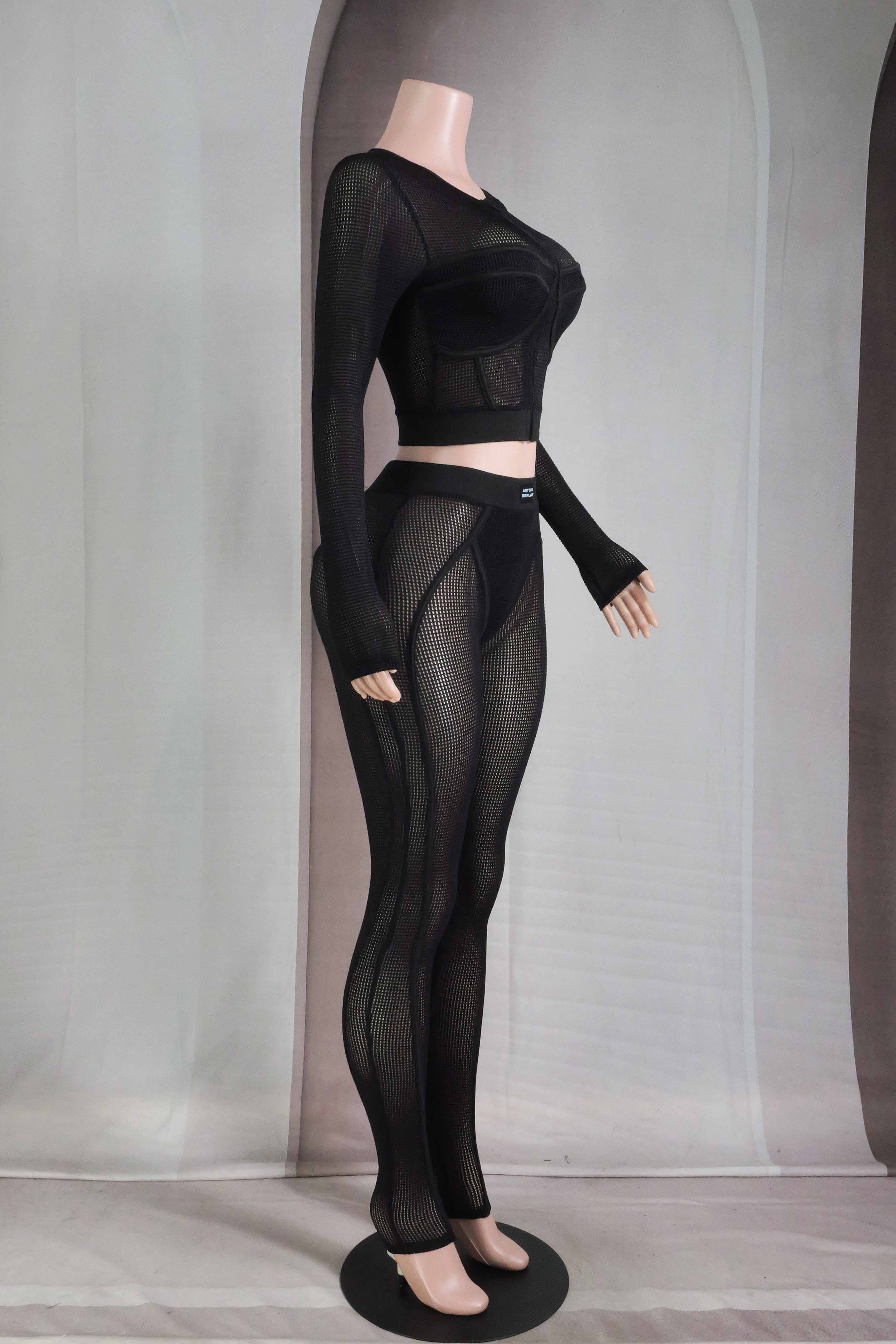 Dalia Studio - Vendita all'ingrosso Completo top e pantaloni (NON loungewear) - Donna - Set maglia a maniche lunghe e leggings in rete popcorn1