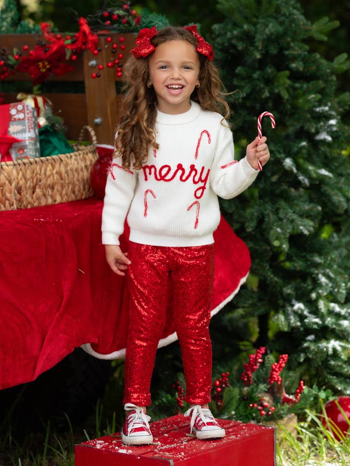 Merry Knit Sweater and Red Dazzling Sequin Pant Set for wholesale on Faire2