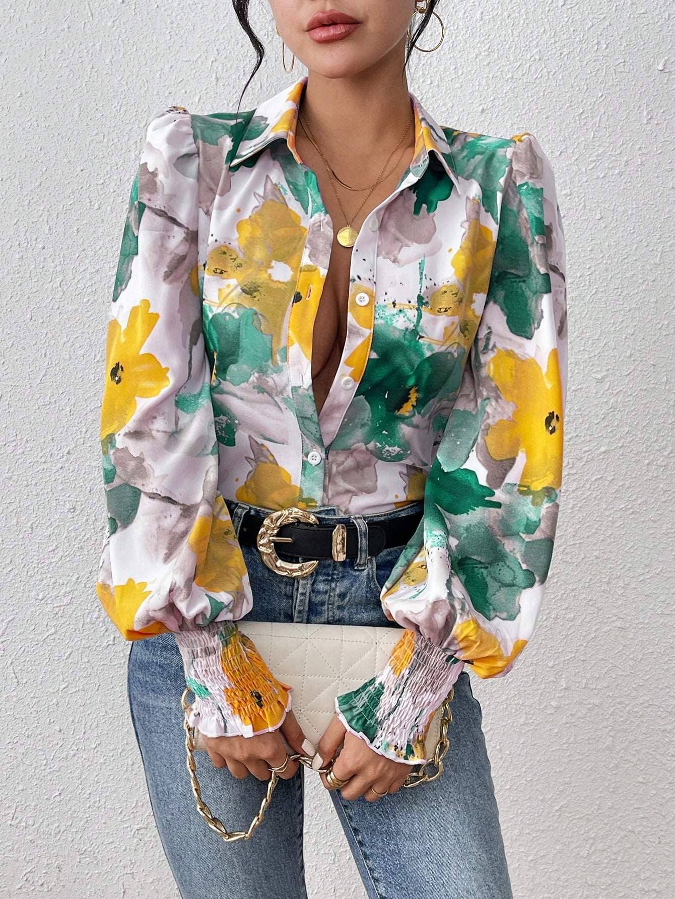 Fashion Combination - Wholesale Button Down Shirt - Women's - priv floral print lantern sleeve shirt22