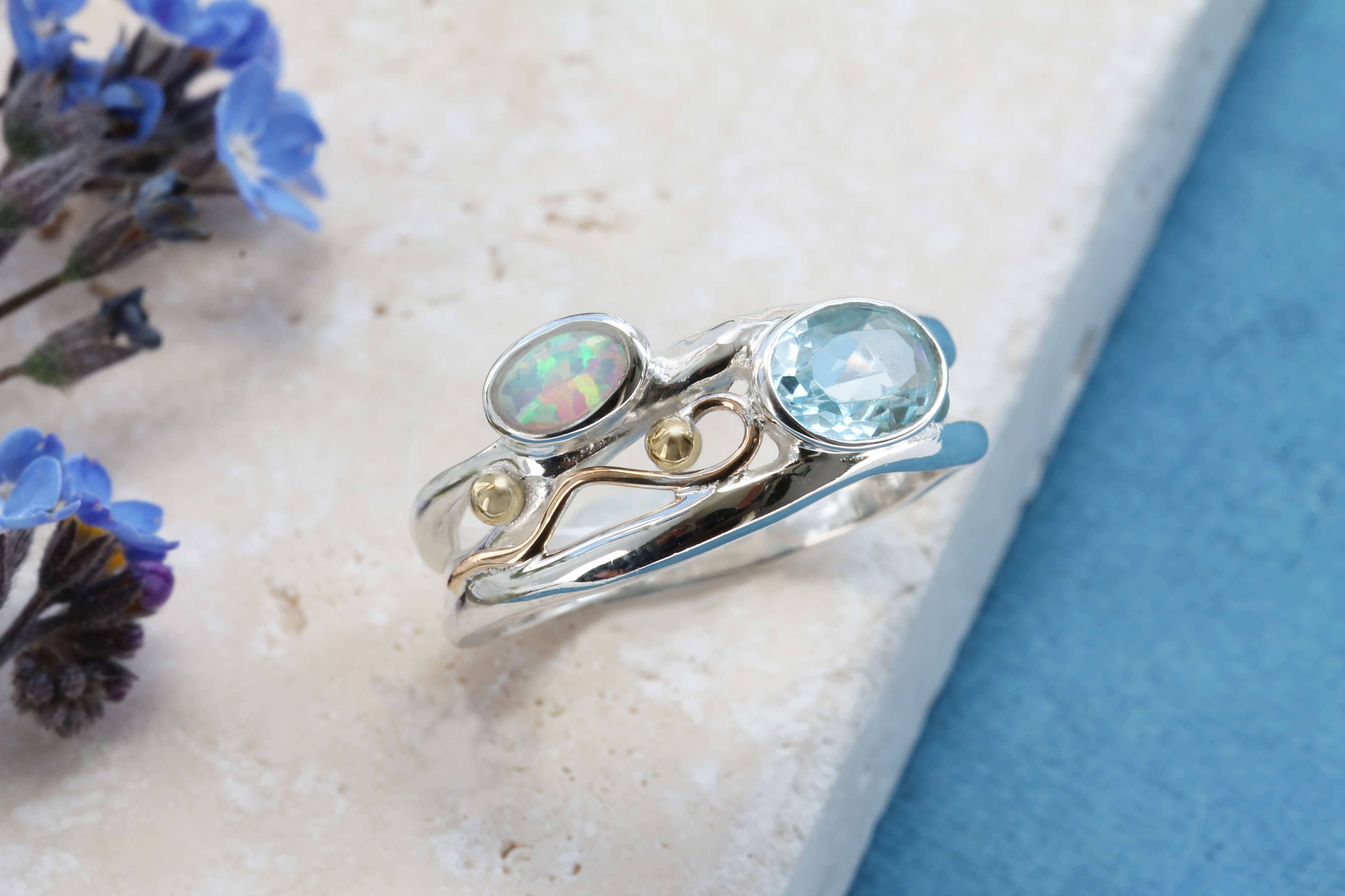 Banyan Jewellery - Wholesale Multi-Stone Ring - Handmade Blue Topaz & Opal Sterling Silver Ring 3