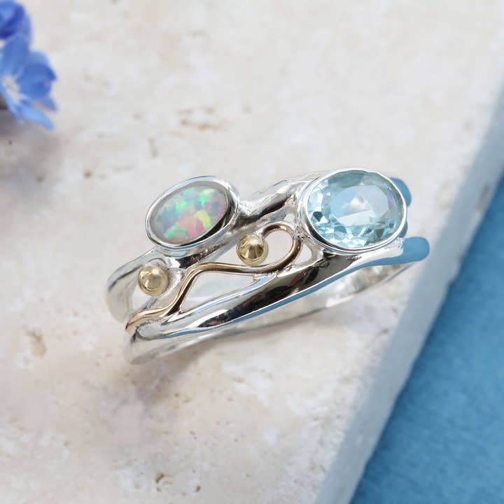 Banyan Jewellery - Wholesale Multi-Stone Ring - Handmade Blue Topaz & Opal Sterling Silver Ring 3
