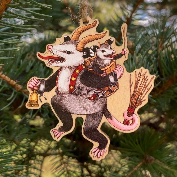 Krampus Opossum Wood Print Christmas Ornament for wholesale by Allison Stoiser Art