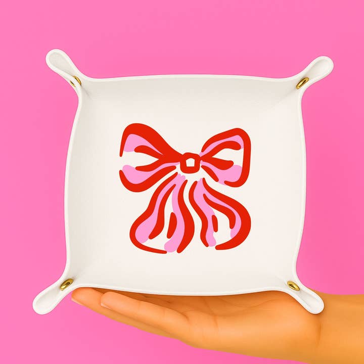 Valentines day gift Bow Jewelry Tray |Pink & Red Bow (White) for wholesale by Aspen Lane