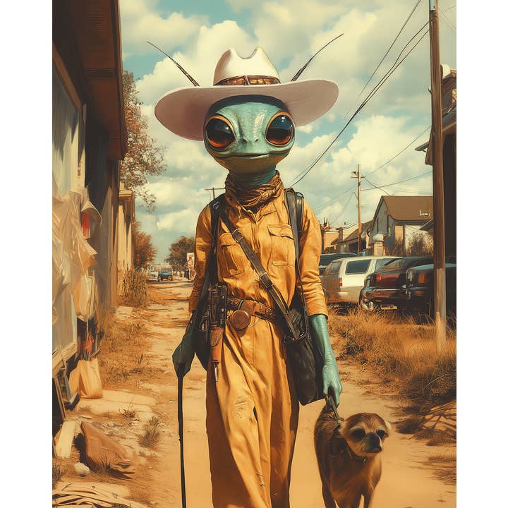 Mowbi – Engroshandel Kunsttryk – Rumvæsen Space Cowgirl Går Tur med Hund i Roswell - Cowgirl Western Kunsttryk 8"x10" Kunstværk til 11"x14" Ramme