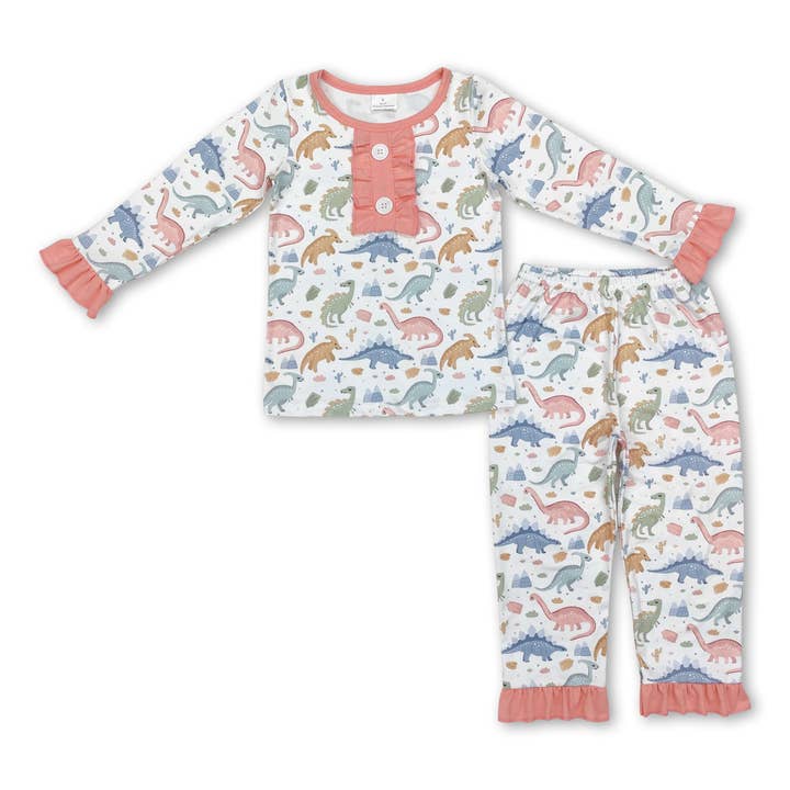 Pink ruffle long sleeves dinosaur kids girls pajamas for wholesale by Yawoo Garments