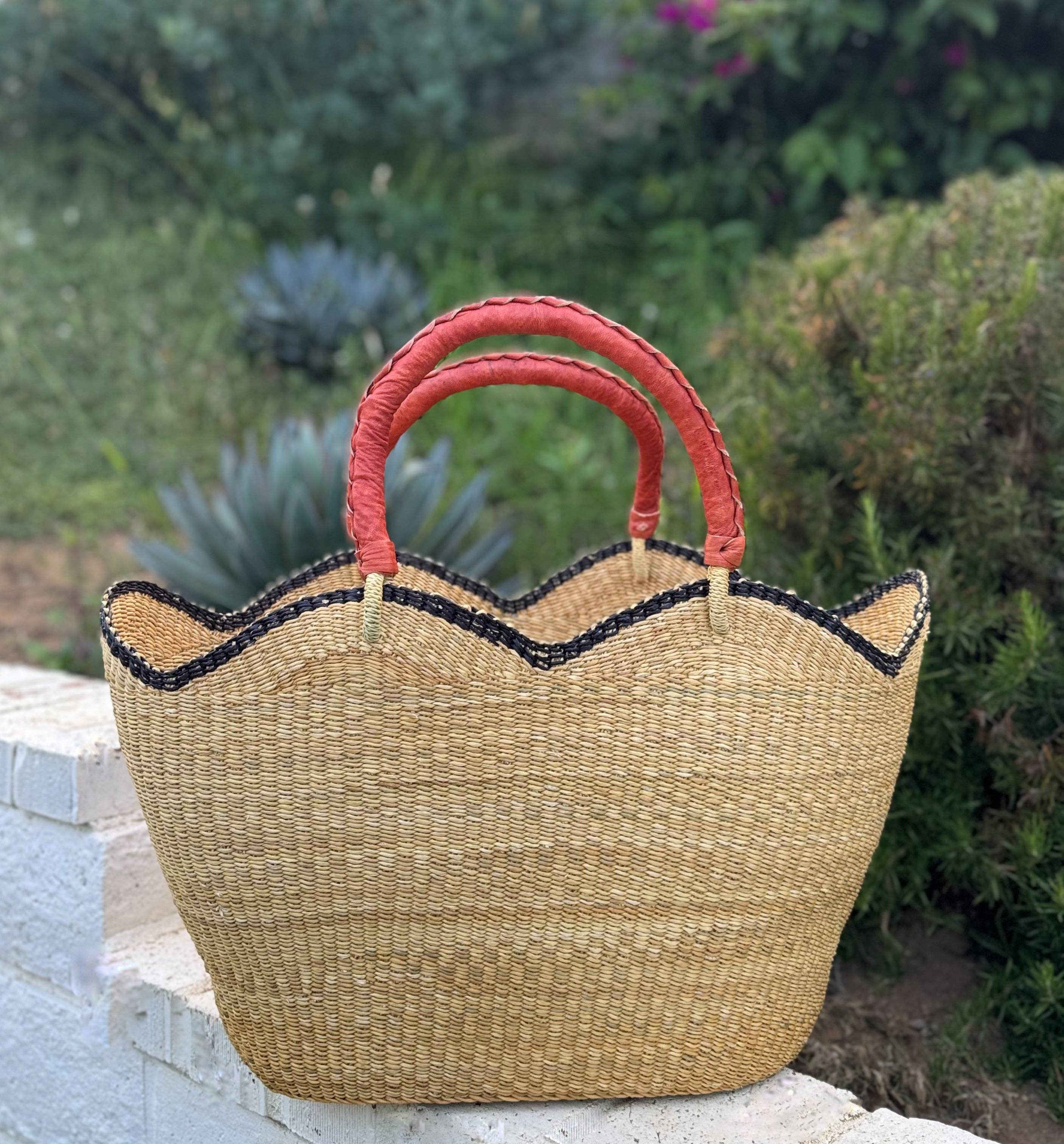 Cognac Handle with Navy Handwoven Scallop Tote for wholesale on Faire2
