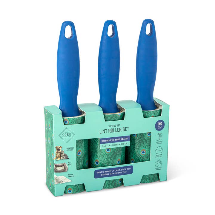 Core Home - Wholesale Lint Roller - 3pk Printed 300 Sheet Lint Roller Set - Peacock0