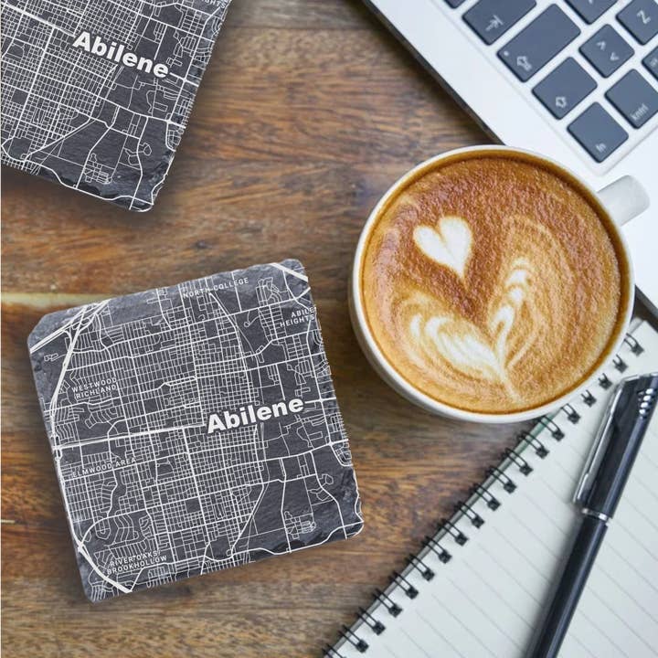 Carte d'Abilene au Texas - Sous-verres en ardoise imprimés aux UV pour la vente par Blue Ridge Mountain Gifts