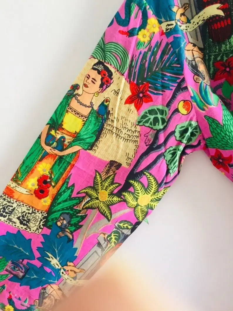 GYPSY STUDIO - Vente Peignoir – femme - Peignoir en coton imprimé Frida Kahlo - Kimono doux et luxueux6