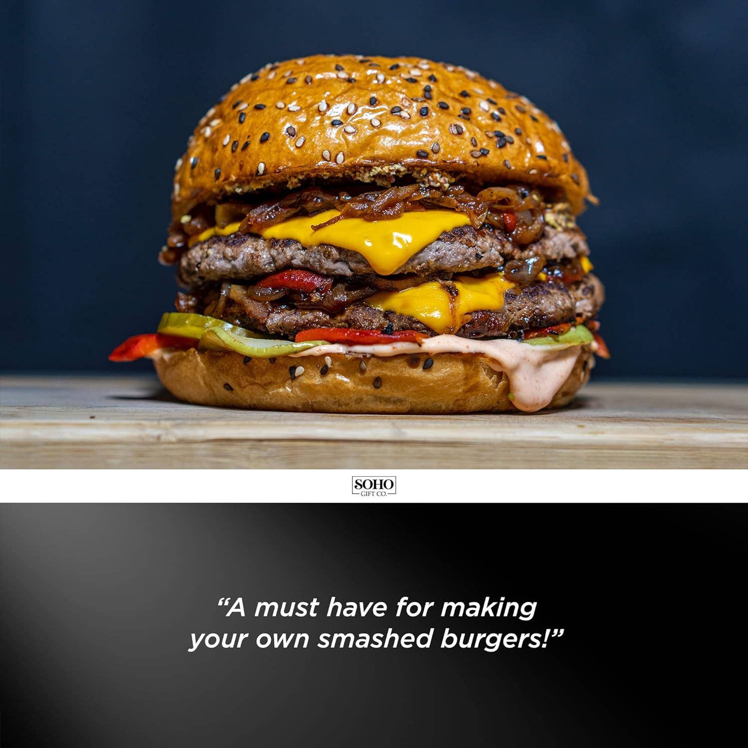 Infinite Basics - Wholesale Outdoor Grill Tools - BBQ Press Grilling Gift for DAD The Grill Boss - Stainless Steel Smash Burger Press for Hamburger/Bacon with Wood Handle & Beer Opener (for Christmas, Birthday, Fathers Day)4