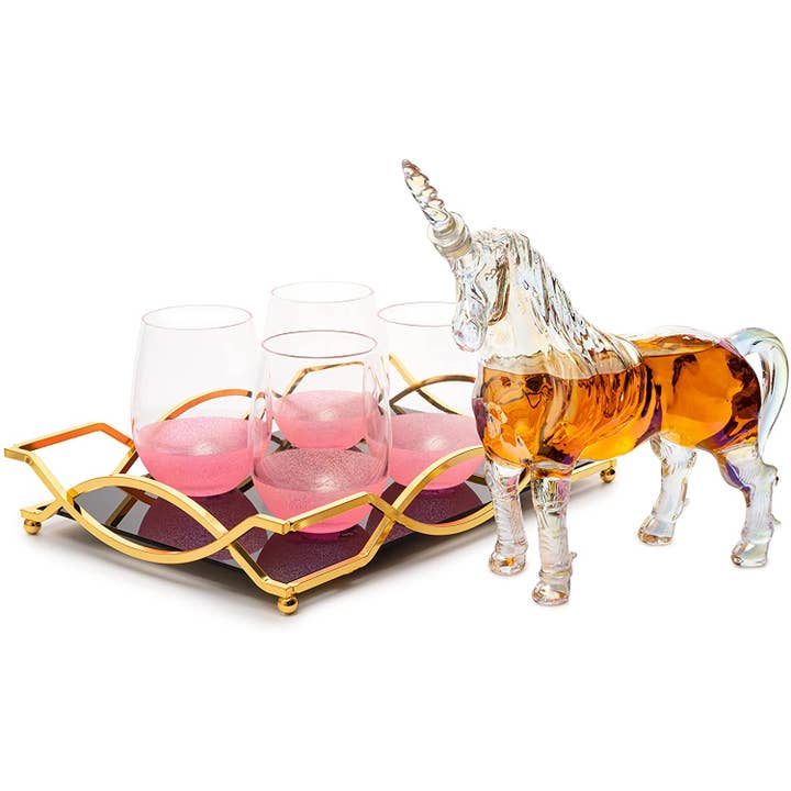 The Wine Savant / Khen Glassware - Wholesale Decanter - Iridescent Unicorn Whiskey Decanter Set 750ml & 4 Glasses1