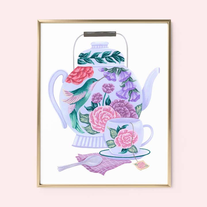 Hummingbird Tea Set Art Print for wholesale by Mia Whittemore