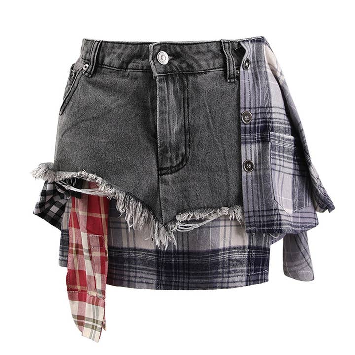Productseeker - Wholesale Skirt - Women's - SK024 Summer Chic: High-Waist Plaid-Denim Skirt