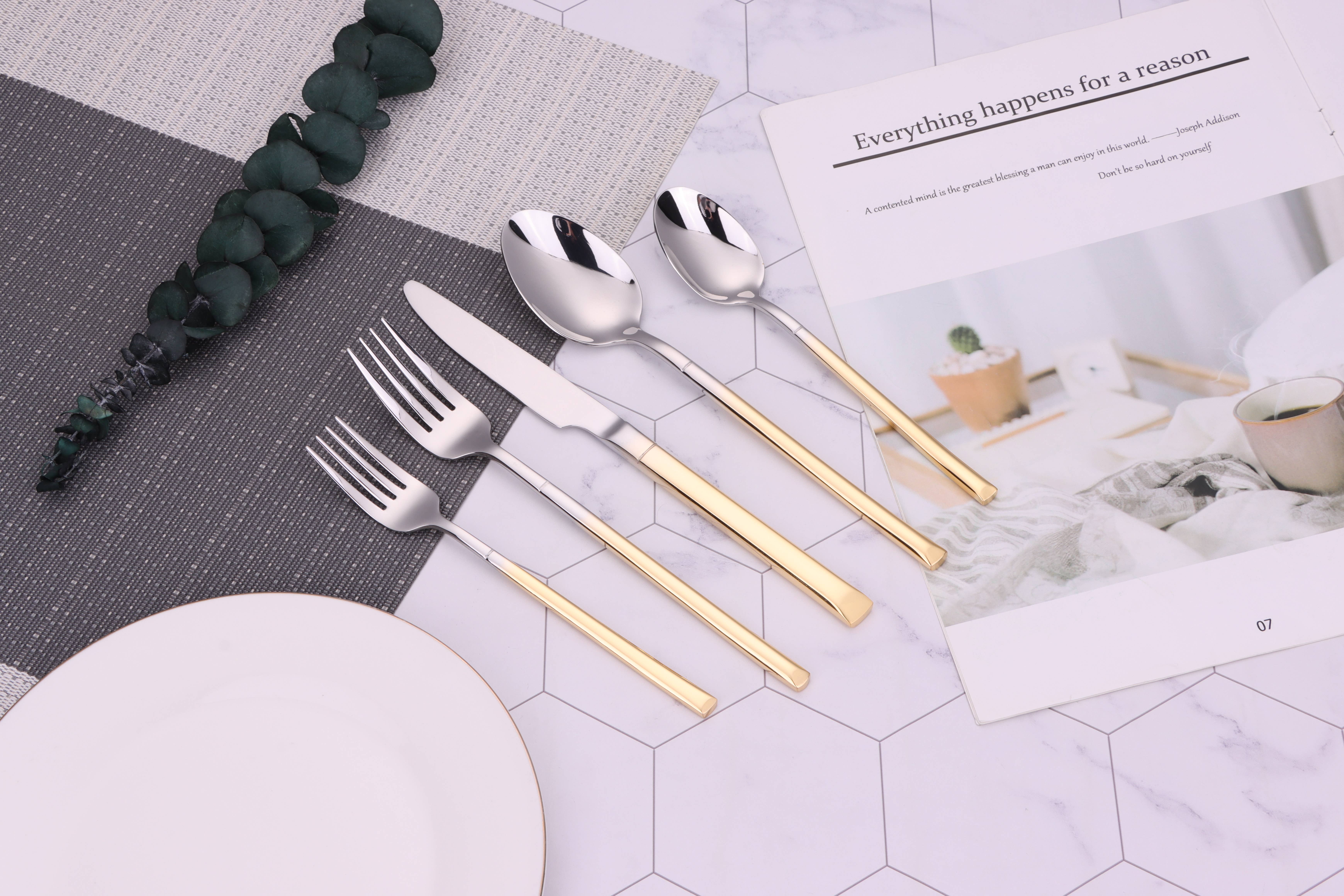 VIVIENCE - Wholesale Flatware Set - Simplicite 20 Pc Flatware with Gold Handles, Service for 48