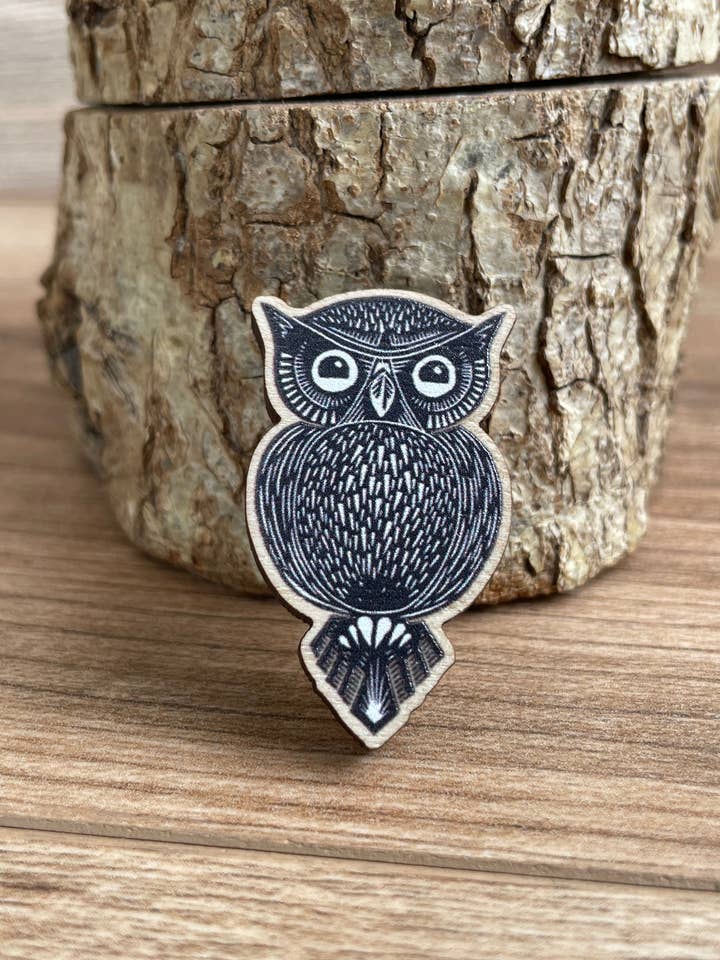 Owl Wooden Pin Badge - animal, nature brooch. for wholesale by Jackdaw and Bear