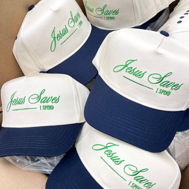 KENZKUSTOMZ - Wholesale Trucker Hat - Women's - Jesus Saves, I Spend - Navy Vintage Trucker Hat