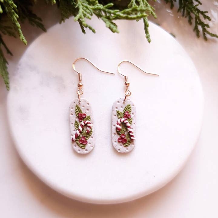 Foxy Method - Wholesale Dangle Earrings - Winter Candy Cane Holly Leaf Christmas Clay Dangle Earrings2