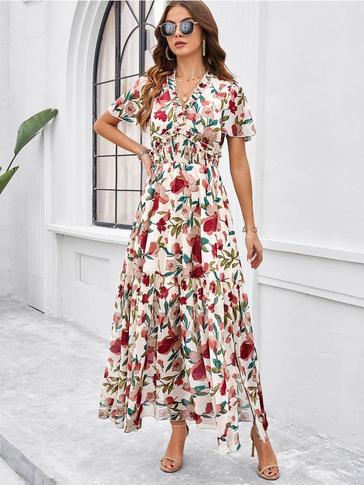 YNIQUE – Großhandel Kleid – Damen – Damen-Midikleider mit Rüschen und gestaffelten Ärmeln und V-Ausschnitt
