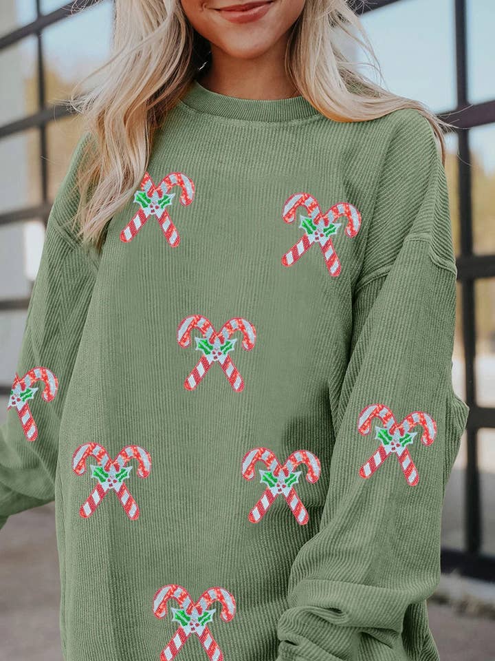 Grass Green Candy Cane Shimmer Patched Corded Baggy Sweatshirt for wholesale on Faire0