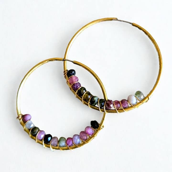 Tourmaline Wrapped Brass Hoop Earrings for wholesale by Wendy Vernon Designs